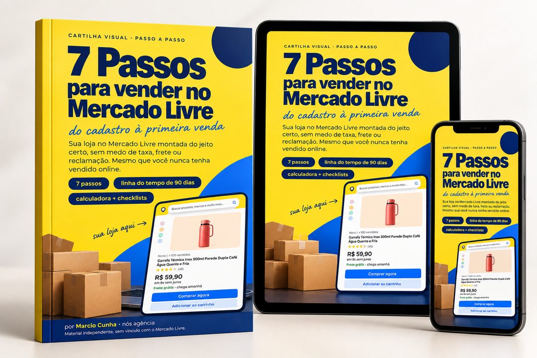 Cartilha 7 Passos para Vender no Mercado Livre impressa, no tablet e no celular
